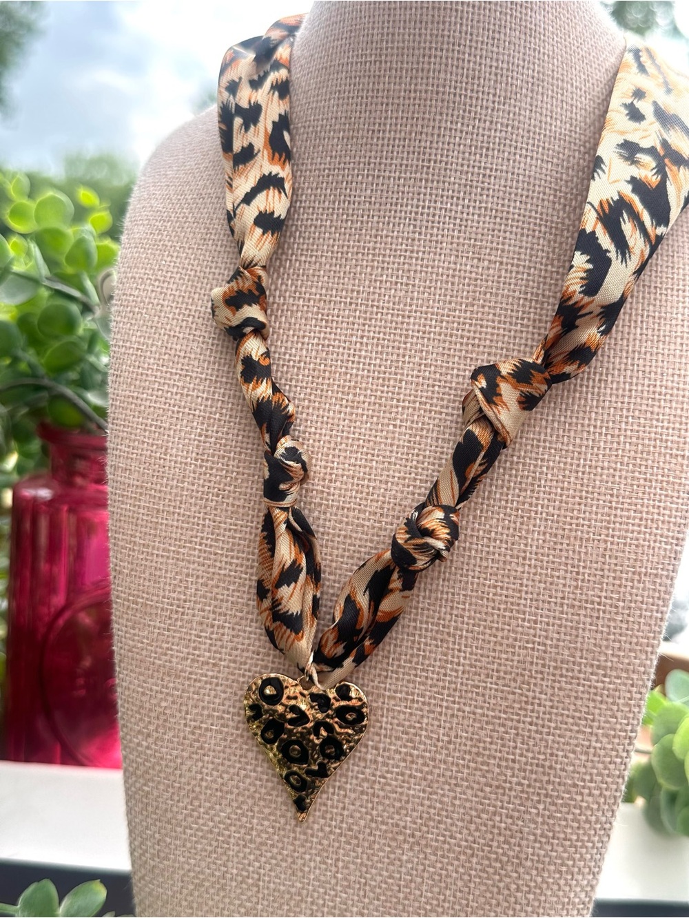 Leopard-Print Scarf Necklace with Gold Heart Pendant